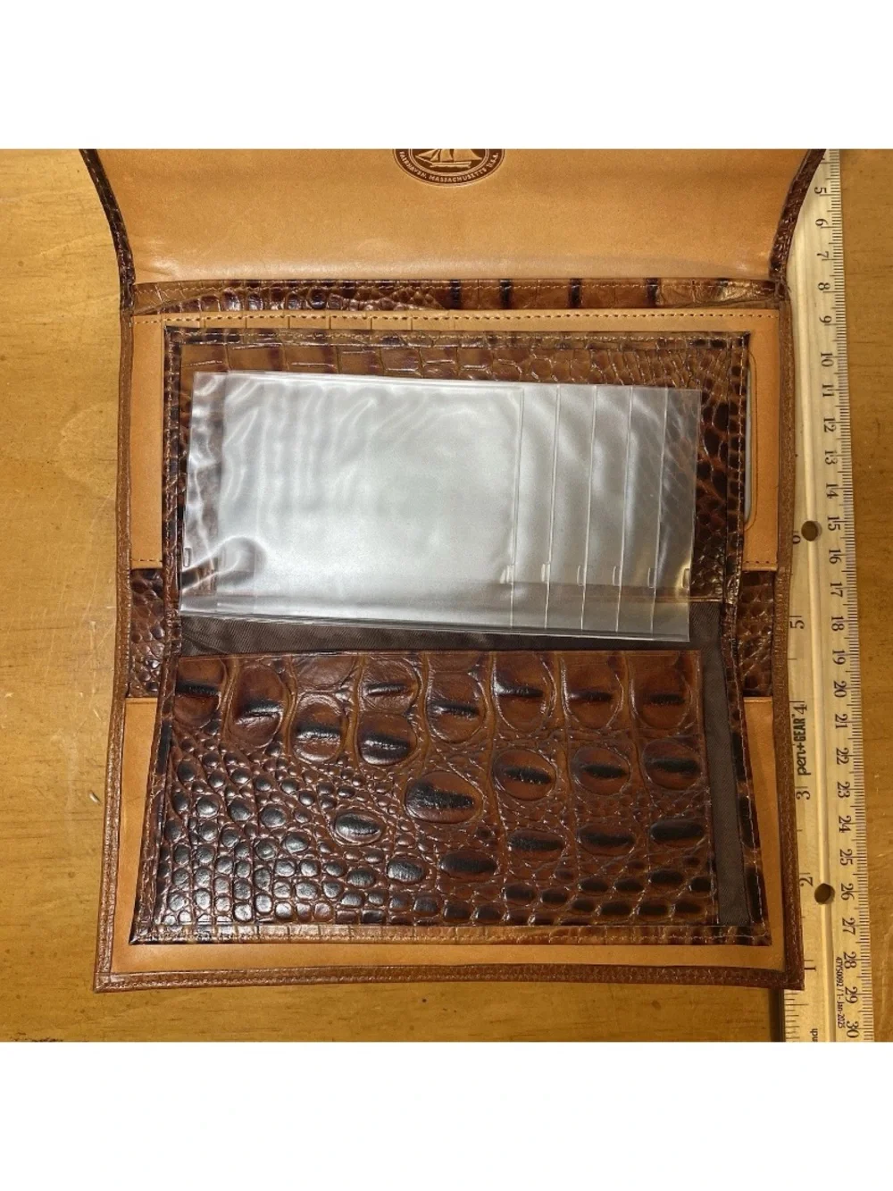 Brahmin Leather Tri-Fold Envelope Wallet Crocodile Brown Snap Zipper Checkbook